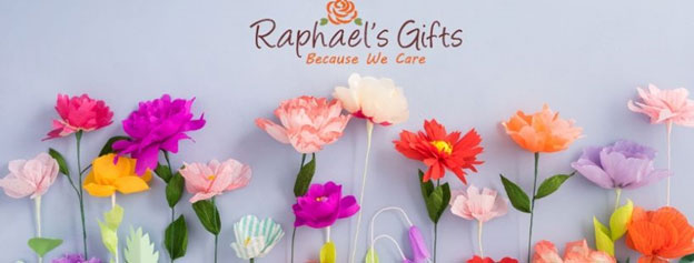 A bunch colorful flowers with Raphael's Gifts logo on top